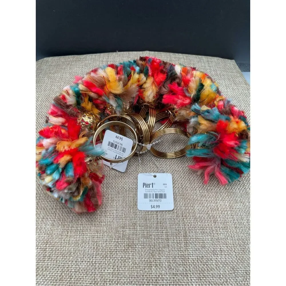 New Pier One Set of 6 Multicolored Napkin Rings Pom Poms  Festive